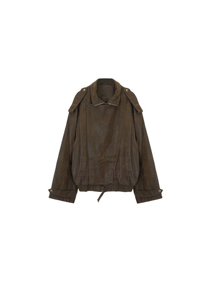 Distressed PU Leather Jacket – Wine Afternoon Hong Kong Retro Fall/Winter 2025