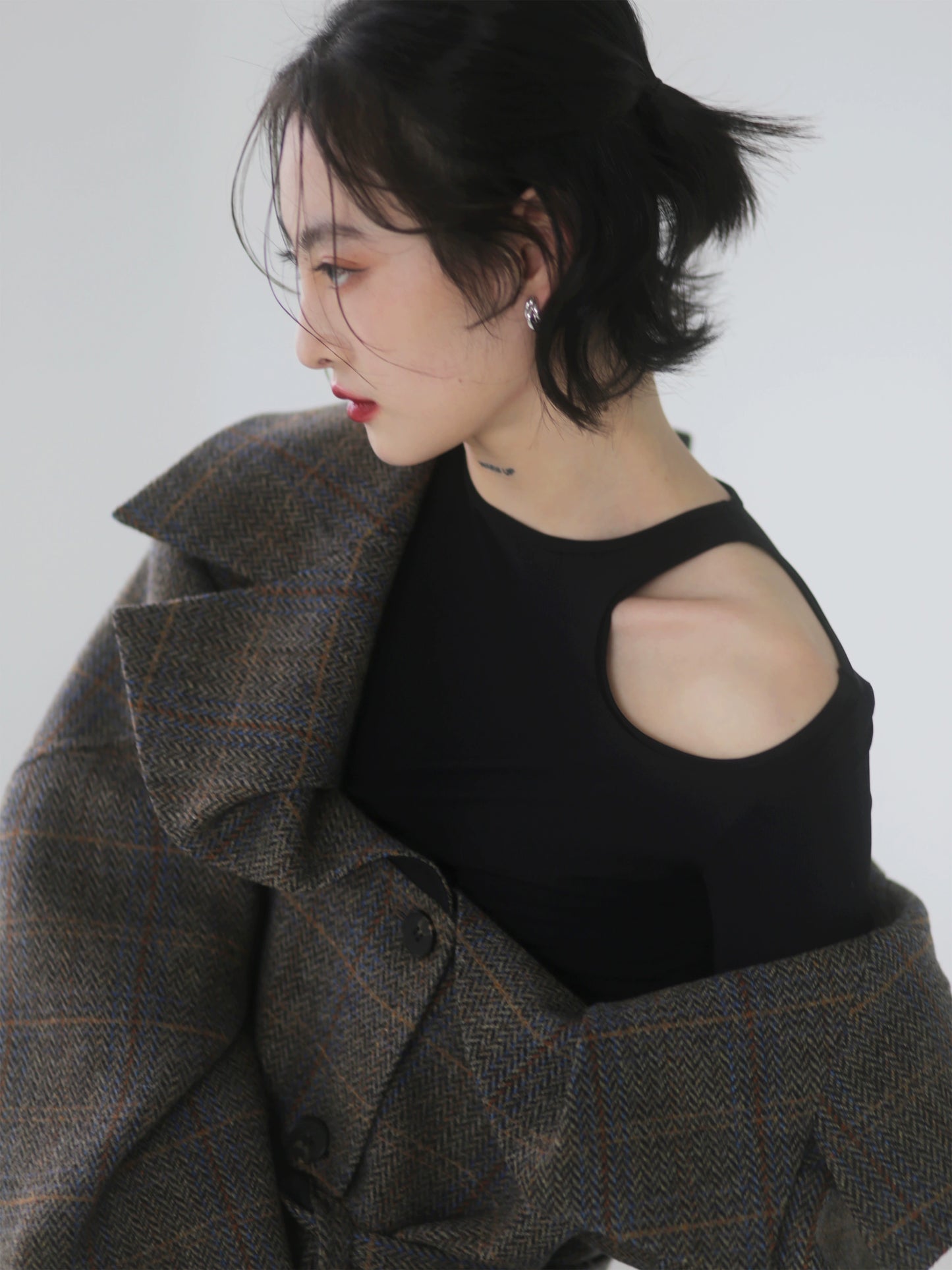 Generous Collar Off Shoulder Plaid Woolen Long Coat