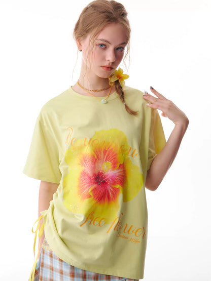 Flower Printed Drawstring T-shirt | Loose Round Neck Retro Design for Summer