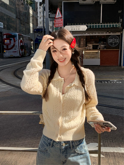 [Manhattan Girl] Loose Doll Collar Knitted Cardigan - Cute Summer Top