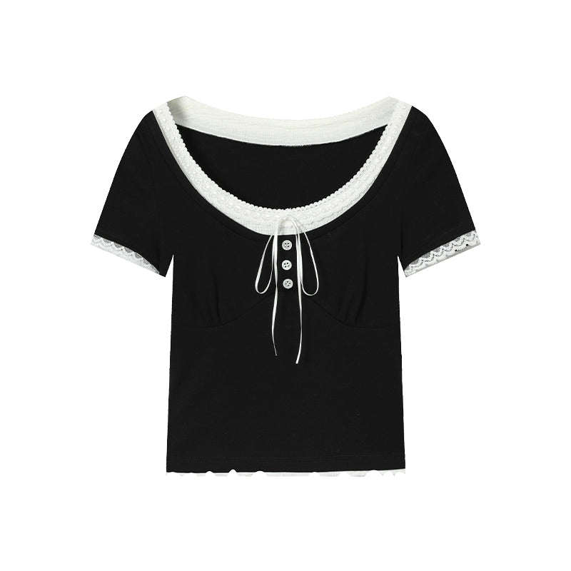 [Miss Hilton] Lace Ribbon Tie T-Shirt - Chic Layered Style