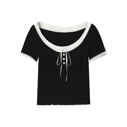 [Miss Hilton] Lace Ribbon Tie T-Shirt - Chic Layered Style