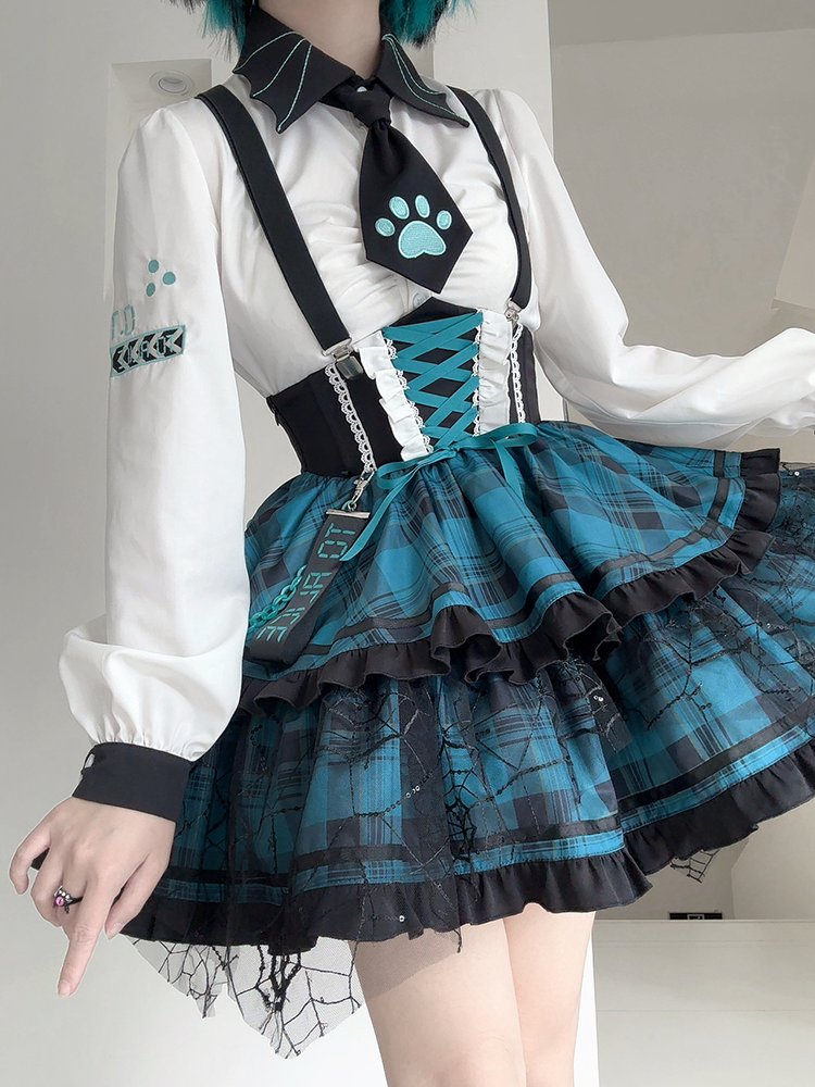 Lolita Shallot Rock Y2K Plaid Patchwork Shirt + Suspender Skirt