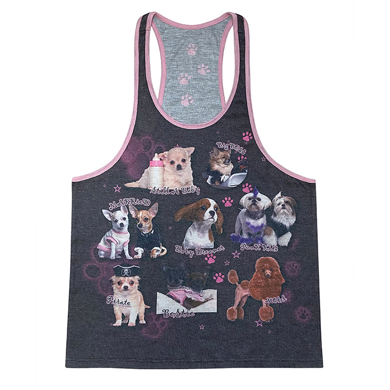 Dog Print Contrast Loose Racerback Tank Top