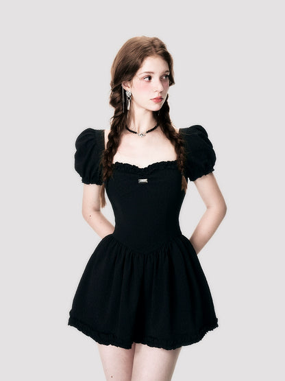 French Black Bubble Sleeve Dress
