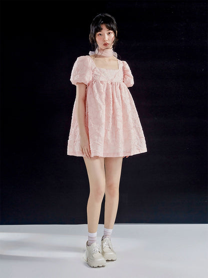 Original Pink Tulip Texture Bubble Sleeve Doll Dress