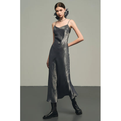 Silver V-Neck Silk Dress