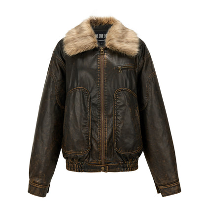 Detachable Fur Collar Brushed Leather Thickened Jacket