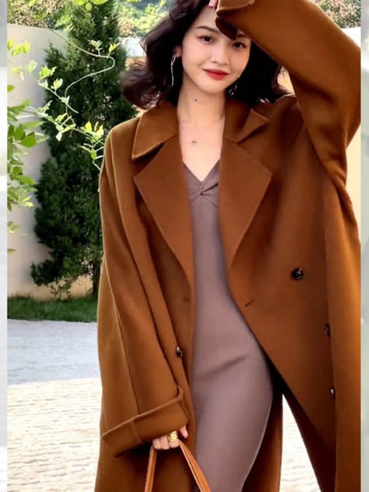 Green Reversible Cashmere Coat – Hepburn-Inspired Midi Lapel Jacket