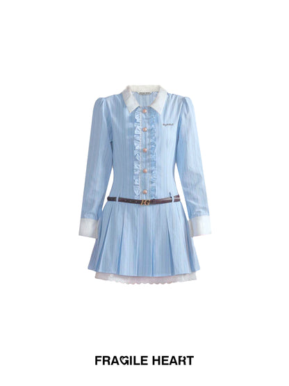 Sweet Academy Style Blue Striped Shirt Dress