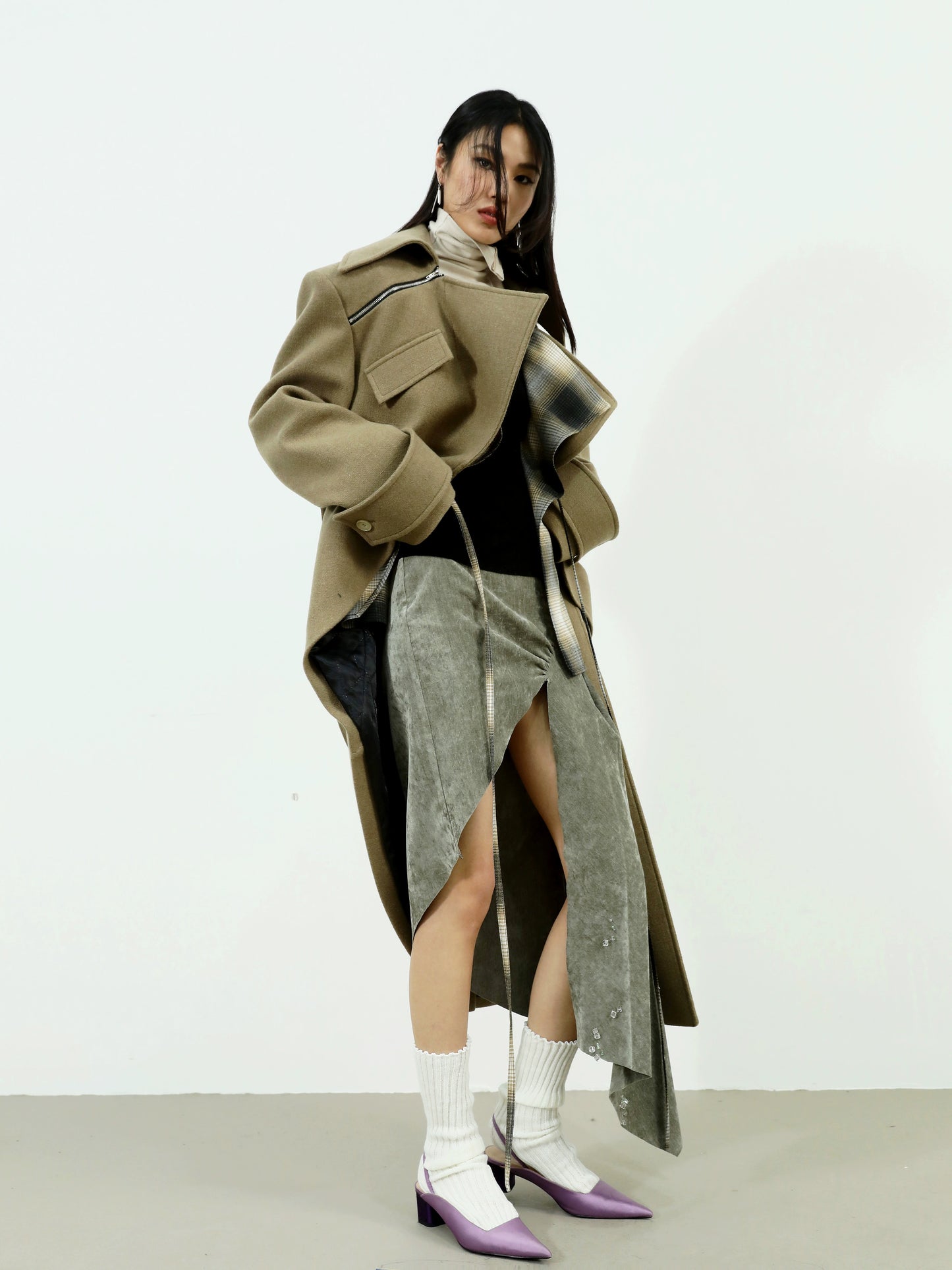 Fake Two Asymmetrical Woolen Coat - Autumn