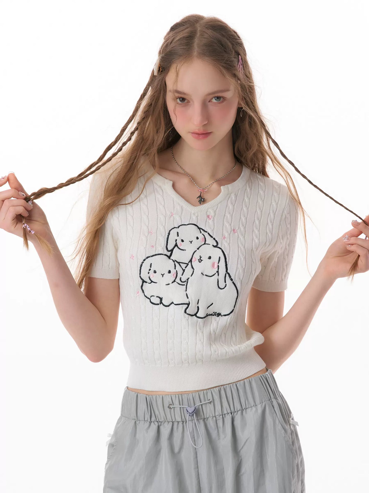 Rabbit Embroidered Twisted Knit Top | Slim Fit Small V-neck for Summer