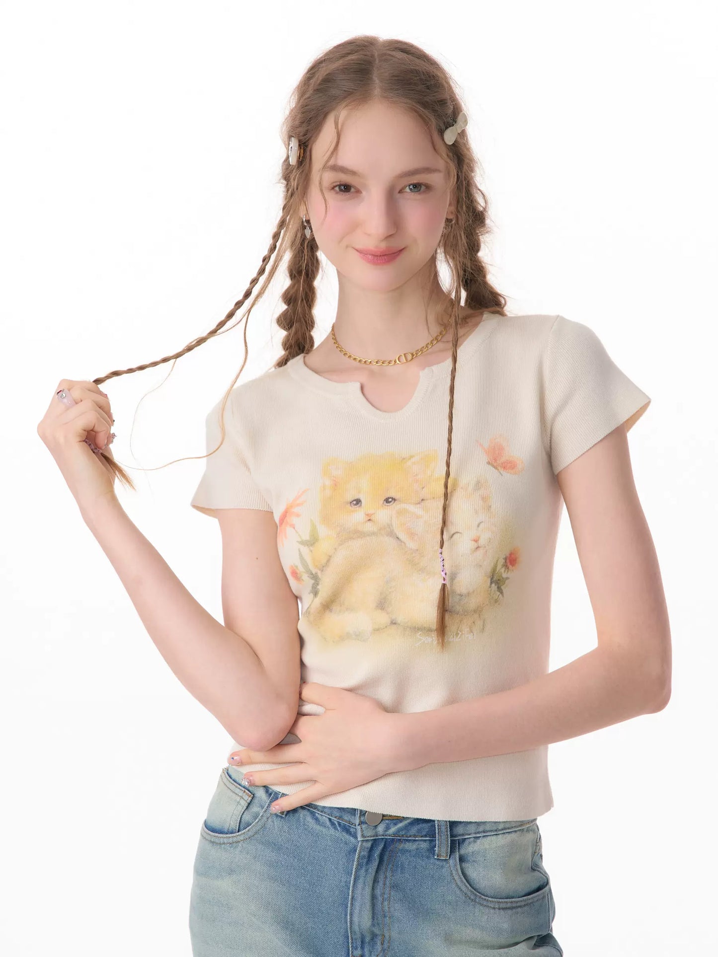 Cat Print U-Neck Knit T-shirt | Slim Fit Retro Short Sleeve Design for Summer