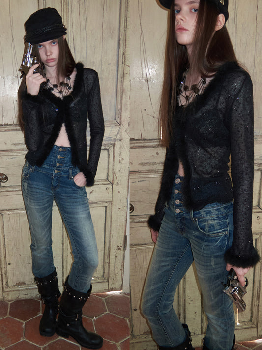 Sequin Knit V-Neck Cardigan