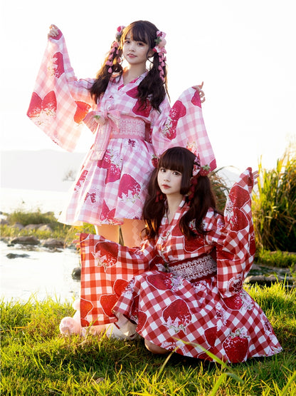 Strawberry Party Plaid Yukata & Cardigan Set