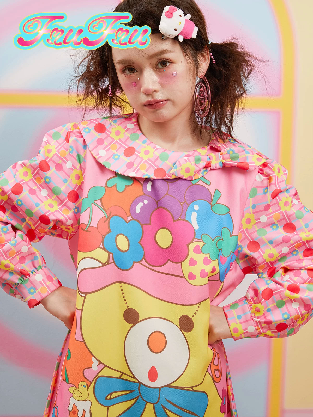 Gollum Store Girls' Room Autumn/Winter Doll Collar Pink Cute Little Bear Print Sweet Dress