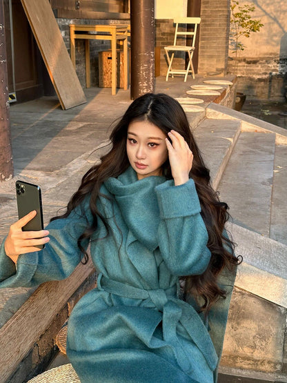 Blue Reversible Cashmere Coat – Luxurious Winter Scarf Woolen Jacket