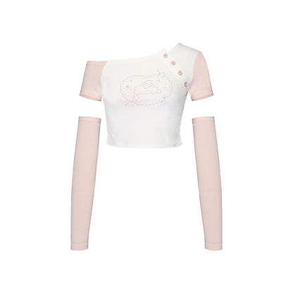 Powder Blusher Rabbit Asymmetrical Off Shoulder T-shirt