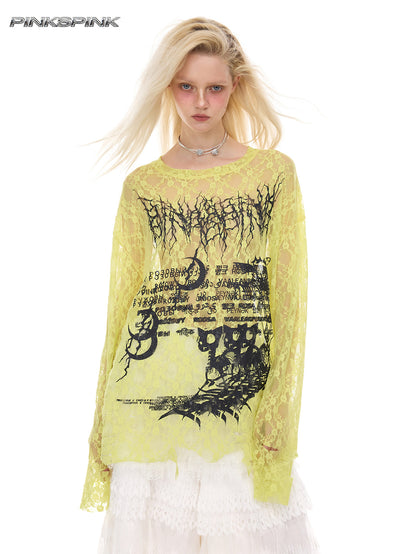 Electric Moon Thorn Cat Print Layered Y2K Unisex Tee