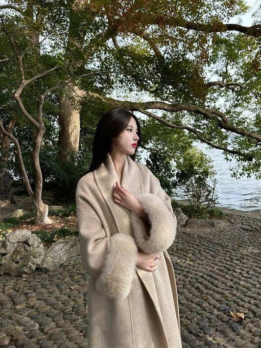Oatmeal Double-Faced Cashmere Coat – Midi Wool Jacket with Detachable Fox Fur Cuffs