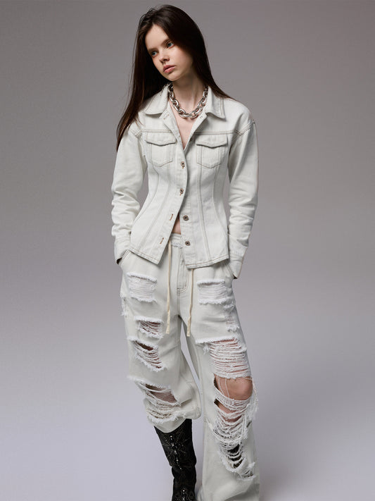 Distressed Denim Waist-Cinching Jacket
