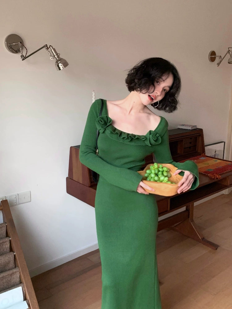 Flower Collar Design Long Knitted Dress (Hibiscus)