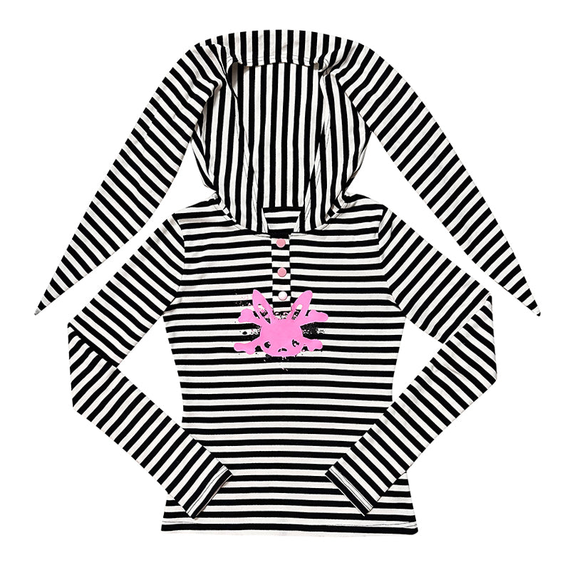 Rabbit Skull Print Rabbit Ear Stripe Top