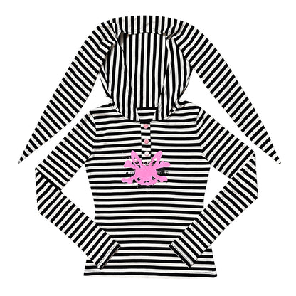 Rabbit Skull Print Rabbit Ear Stripe Top