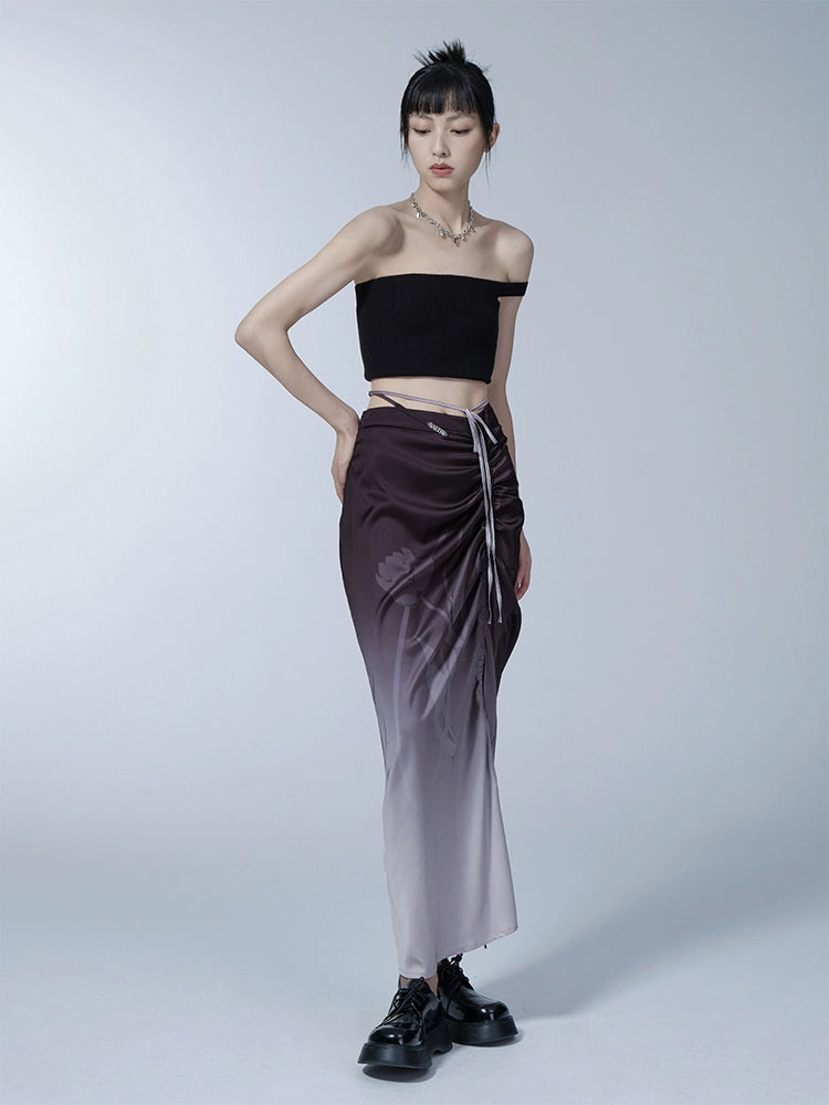 Purple Gradual Tulip Star Printed Satin Half Skirt