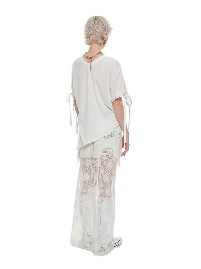 French Lace Panel Denim Maxi Skirt – Sheer Feminine Design