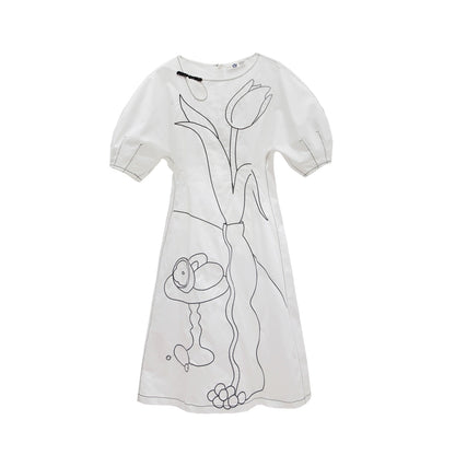 Original design with ears, still painting, new Chinese style sketch, still life embroidery, button up, medium length dress