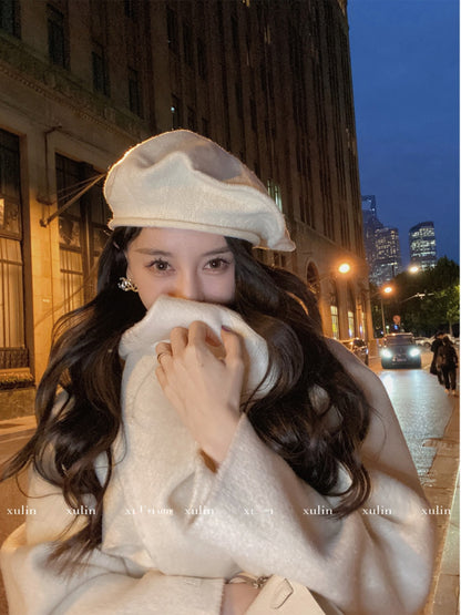 White Reversible Cashmere Coat – Hepburn-Style Large Lapel Woolen Coat