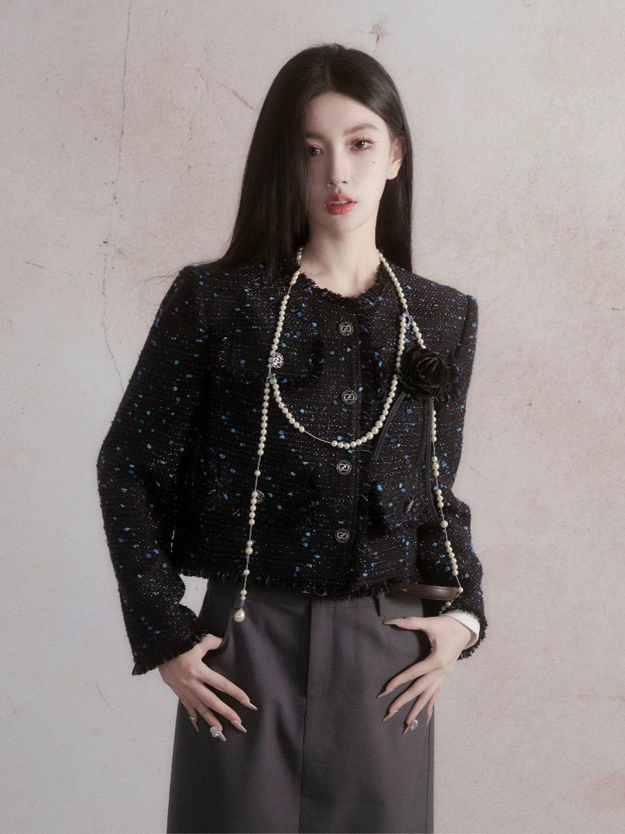 Starry Dots Black Woolen Small Fragrant Coat