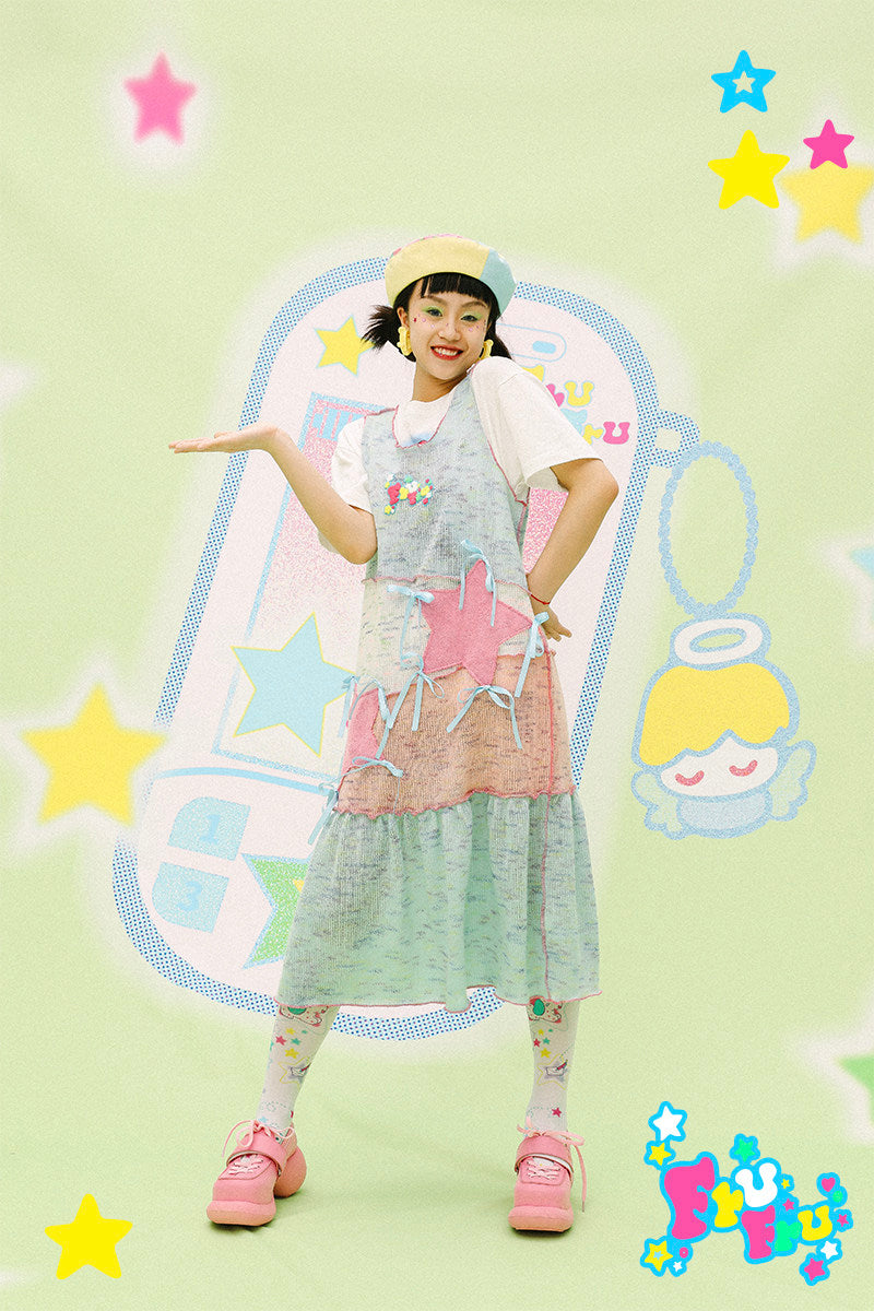 Sky Blue Patchwork Knit Tank Dress | Sweet Y2K Star Mini Dress