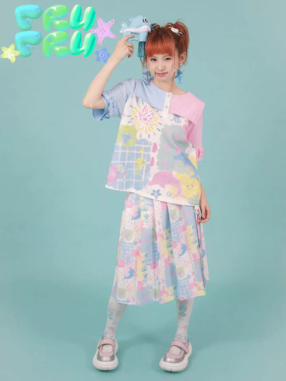 Gollum Store Original cute powder blue patchwork navy collar print embroidered loose shirt