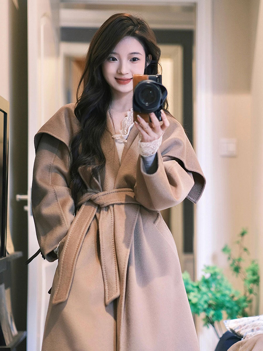 Camel Double-Sided Cashmere Coat – Hepburn-Style Mid-Length Woolen Elegance