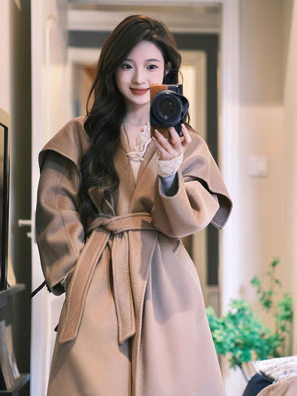 Camel Double-Sided Cashmere Coat – Hepburn-Style Mid-Length Woolen Elegance