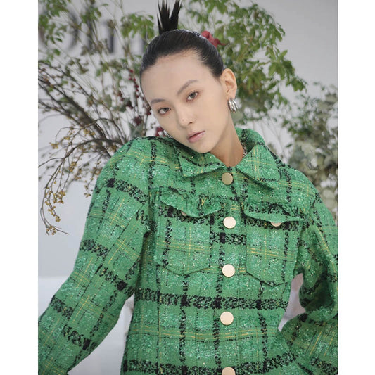 Checkered Waist Pleated Hem Coat D413