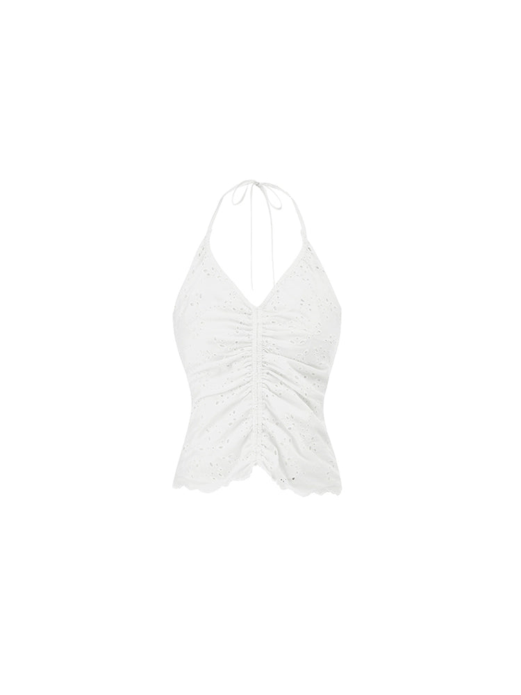 Cotton Jacquard Ruffled Vest – V-Neck Halterneck Lace Camisole Top