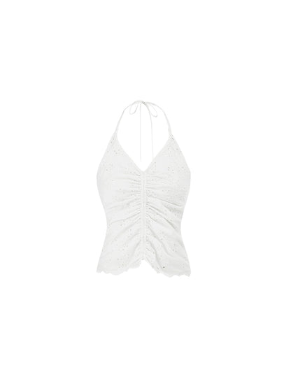 Cotton Jacquard Ruffled Vest – V-Neck Halterneck Lace Camisole Top