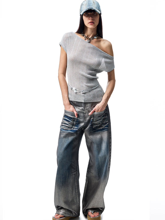 Pleated Lace-Up Knit Top – Sheer Loose Short Sleeve Off-Shoulder Cover-Up