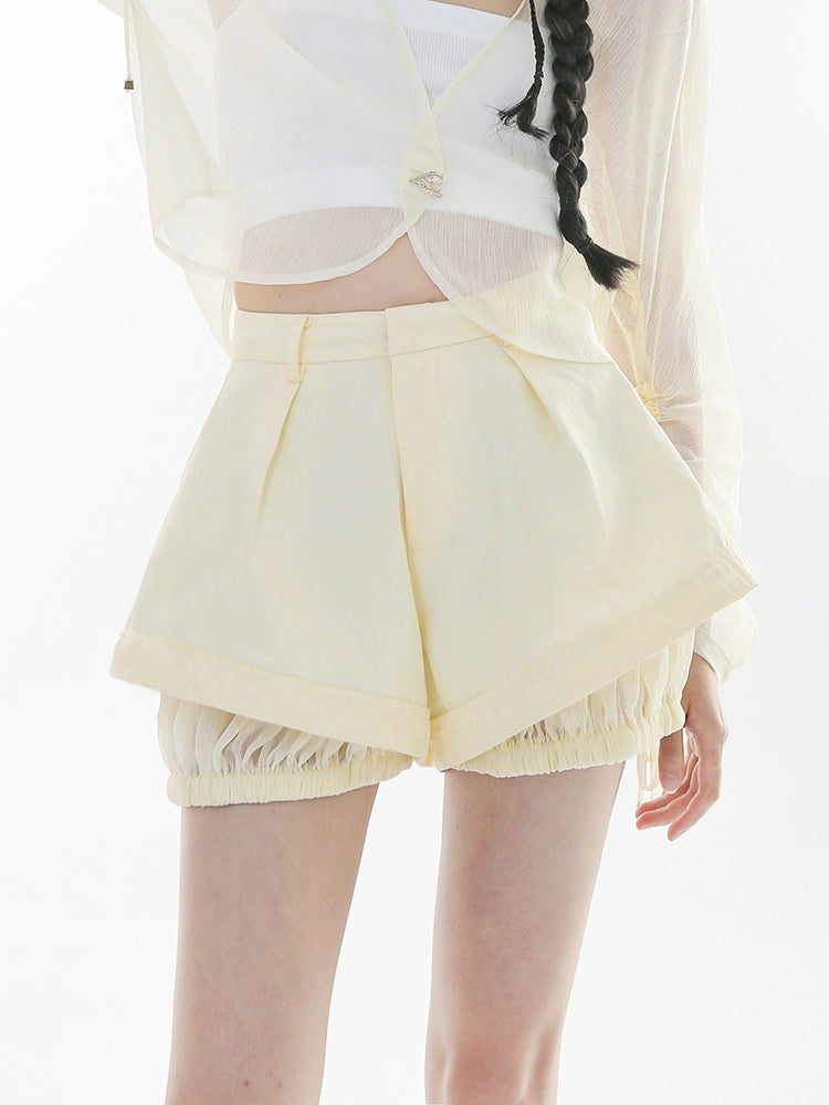 Crepe Spliced Flower Bud High Waist Wide Leg Shorts