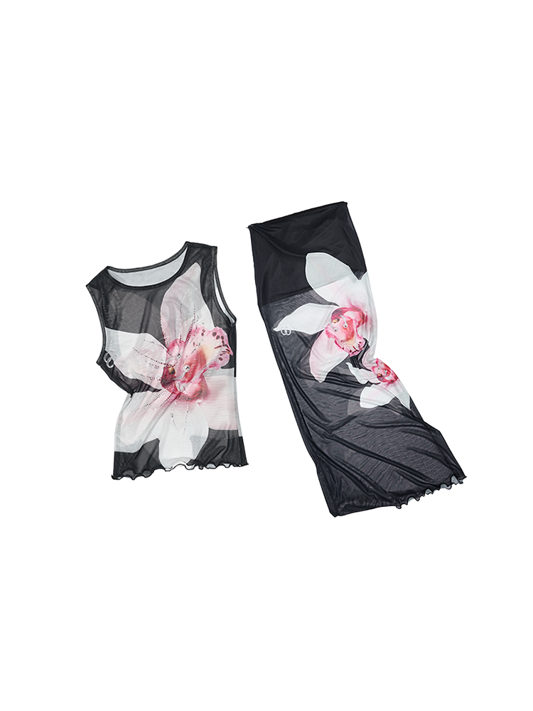 Floral Rhinestone Mesh Vest & Maxi Skirt Set – Elegant Summer Look