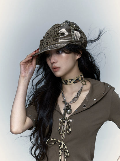 Leopard Print Rivet Beret | Retro Punk Painter's Hat Design