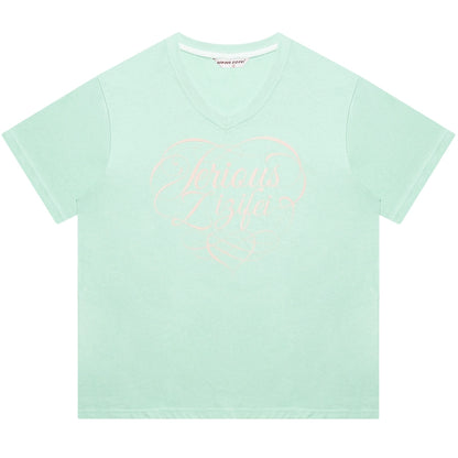 Letter Print Loose V-Neck T-shirt | Solid Color Retro Summer Top