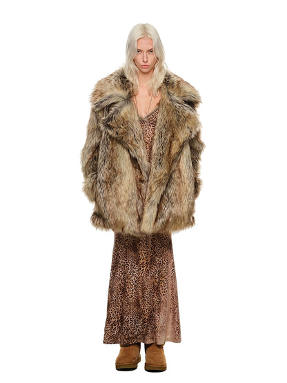 Brown Gradient Eco-Fur Midi Coat – Faux Wolf Fur Lapel Jacket for Fall/Winter