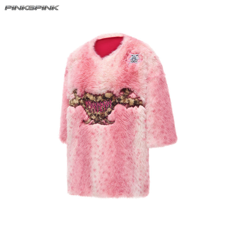 Electric Moon Leopard Heart Embroidered Pink Y2K Fur Top