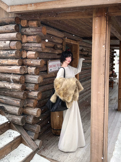 Wine afternoon Hong Kong style retro elegant vintage raccoon fleece wool blend slanted shoulder wool knit top