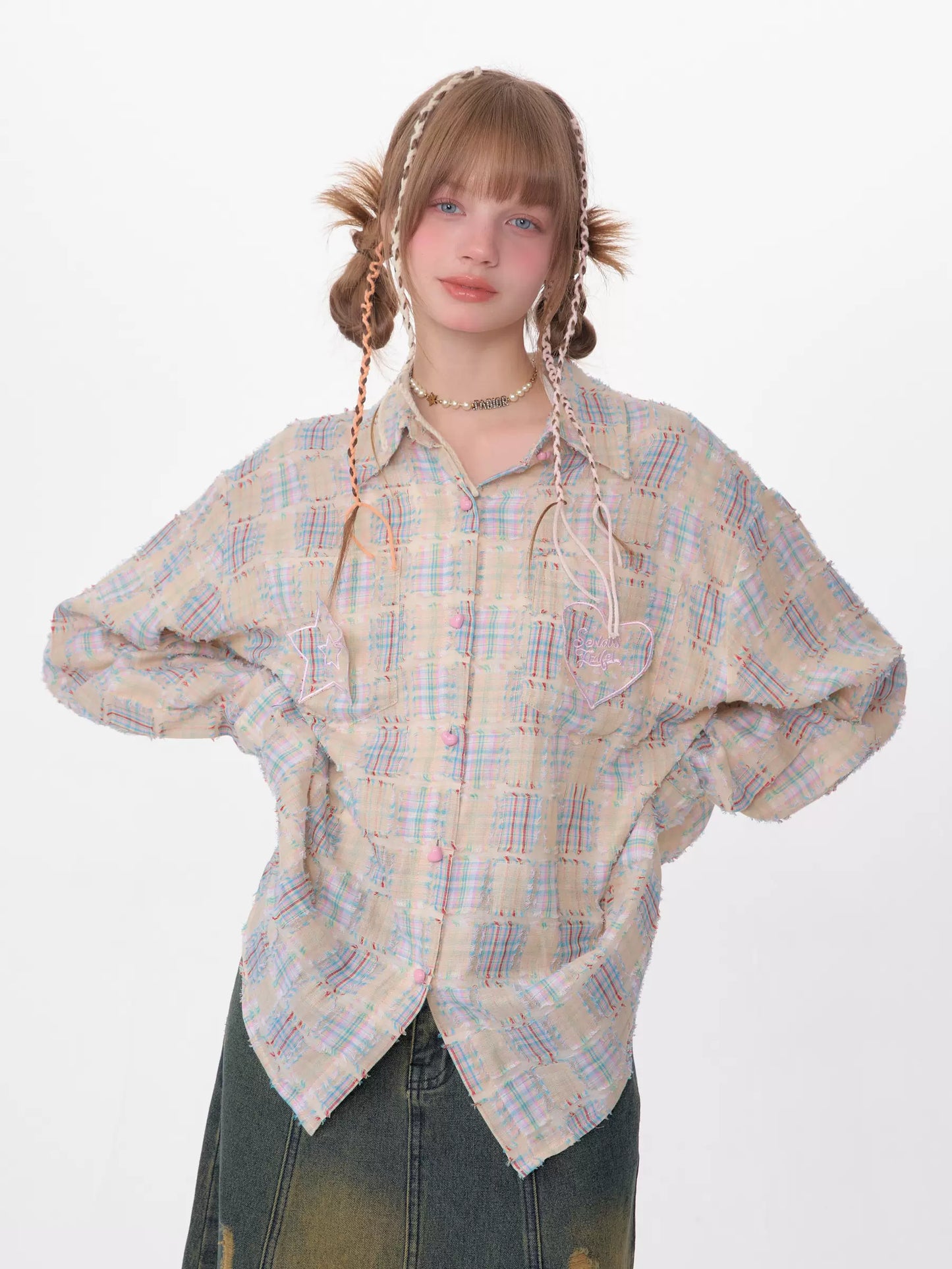 Checkered Long Sleeve Shirt | Medium-Length Retro Design for Spring/Summer