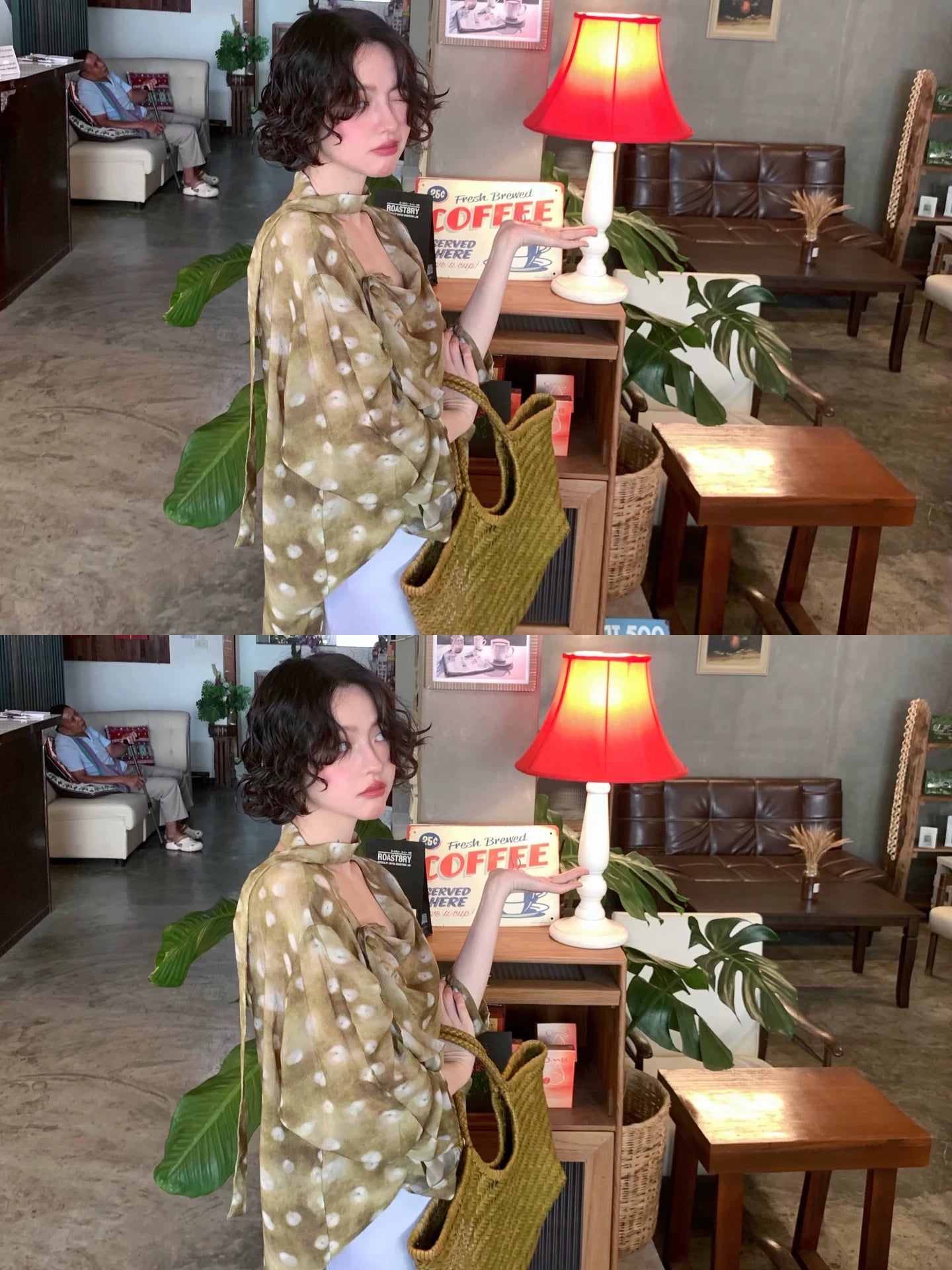 Wine noon 2026 spring olive green vintage polka dot cupro chiffon lace-up lantern sleeve artistic top girl